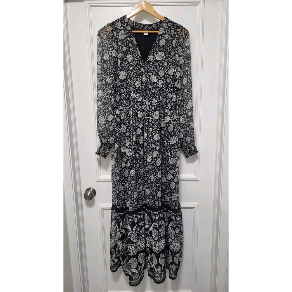 Old Navy Black White Floral Chiffon Tiered Whimsigoth Dark Feminine Maxi Dress S